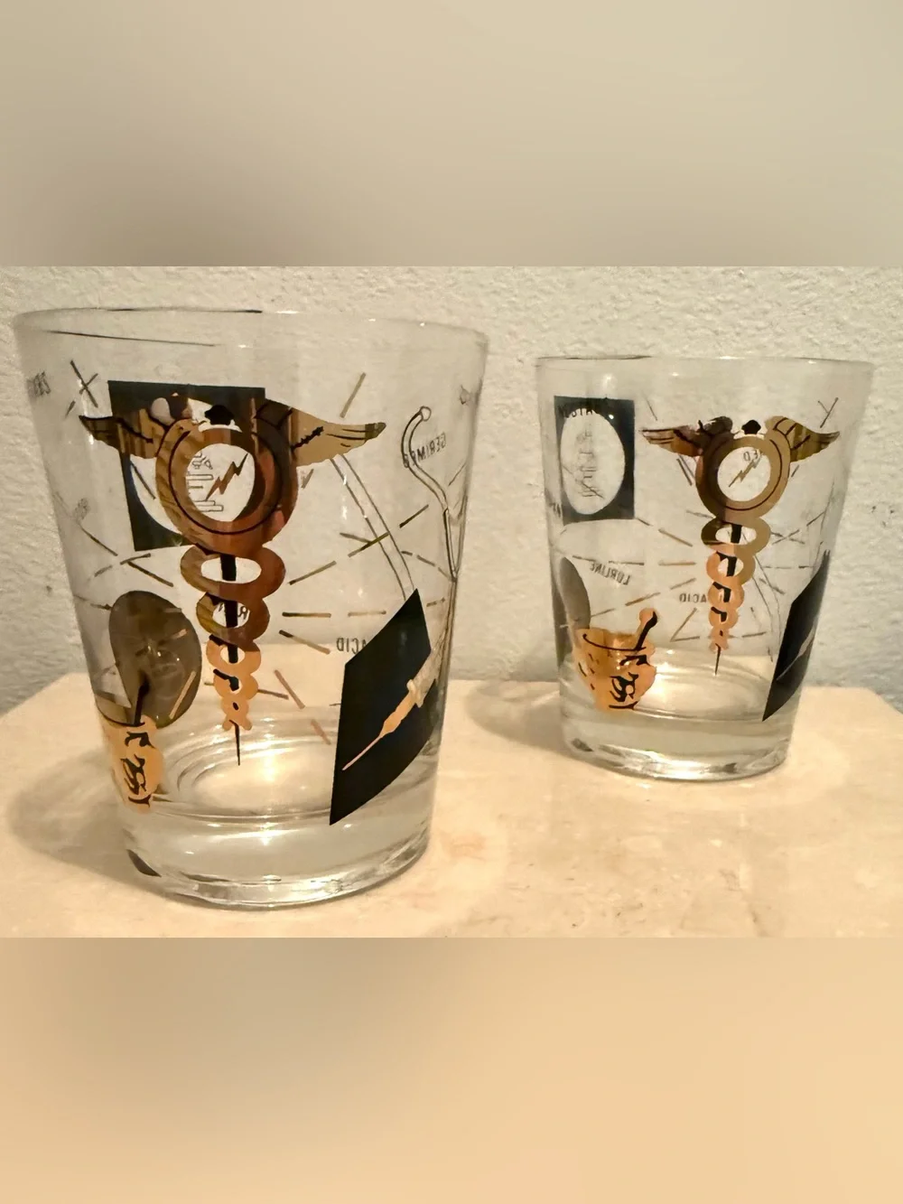 2 MCM Medical/Pharmacist Theme Rocks 16oz Glasses w/22k gold and black.